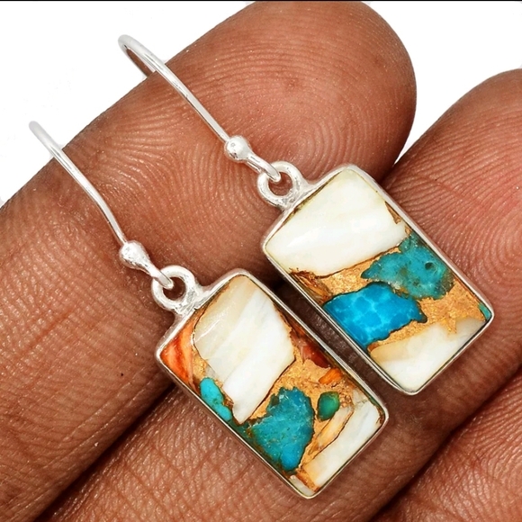 GENUINE Spiny Oyster & Arizona Turquoise 925 Sterling Silver Earrings ar… - Picture 1 of 3